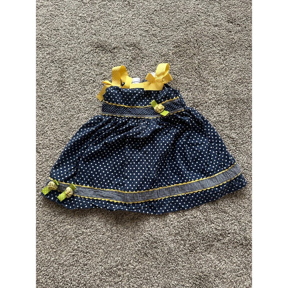 Blueberi Boulevard Navy Polka Dot Dress Yellow Ribbon Bows Rosettes Kids 12M